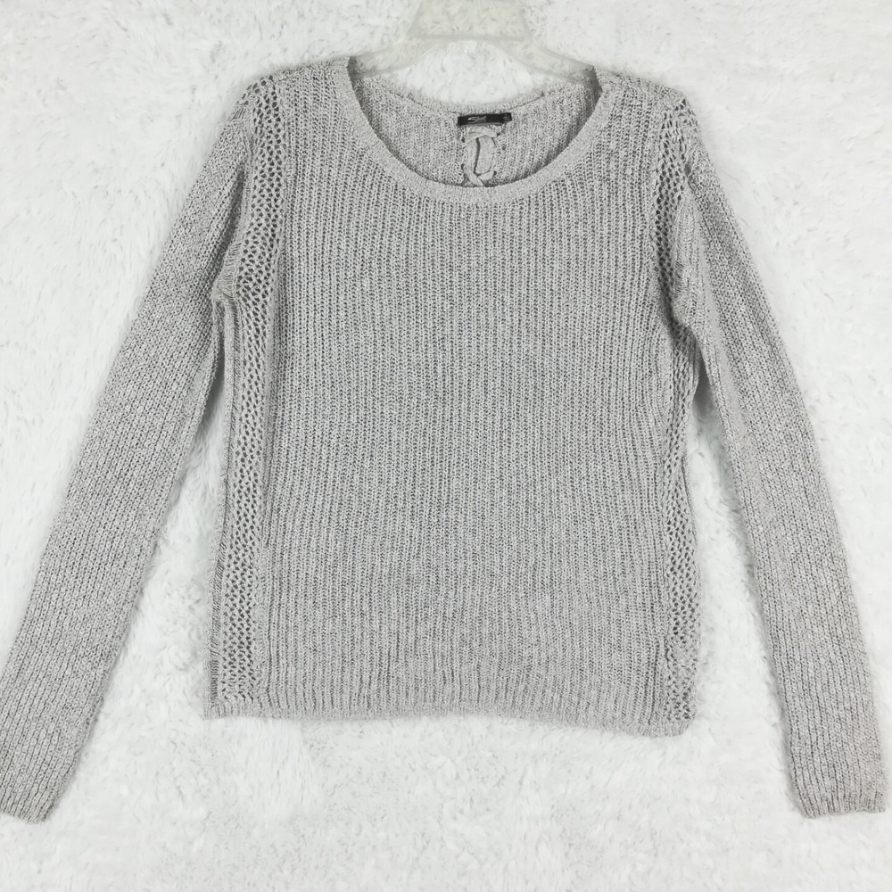 Silver Sweater Womens Pullover Ribbed Knit Gray Heather Lace-Up Back Small